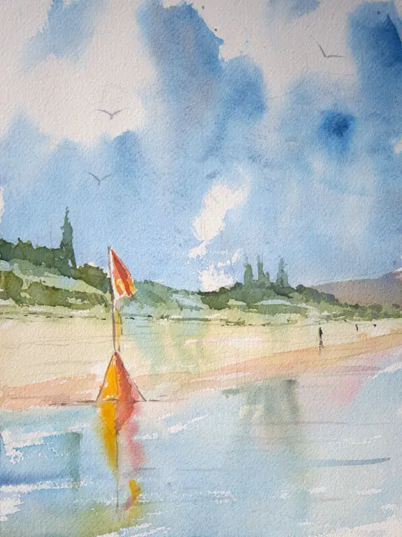 Watercolor beach scene painting: Reflections in wet sand 