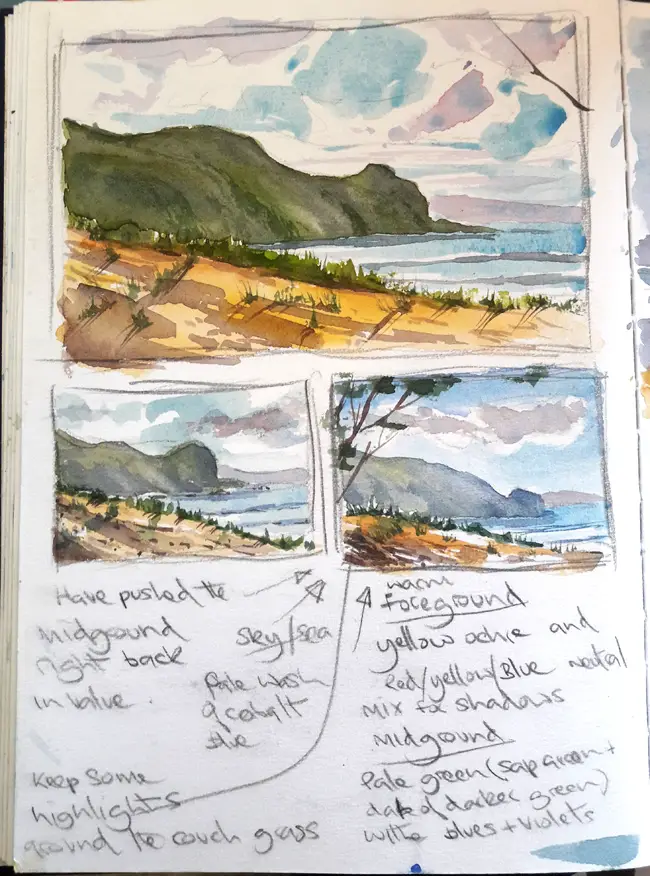Watercolor sketchbook seascape painting notes