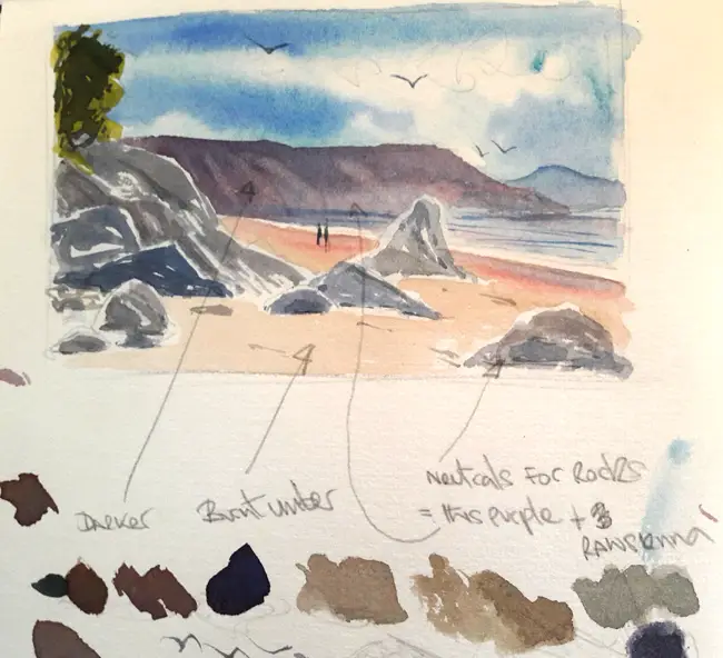 How to paint seascapes and beaches in watercolor. Beach and rocks Watercolor Sketch 