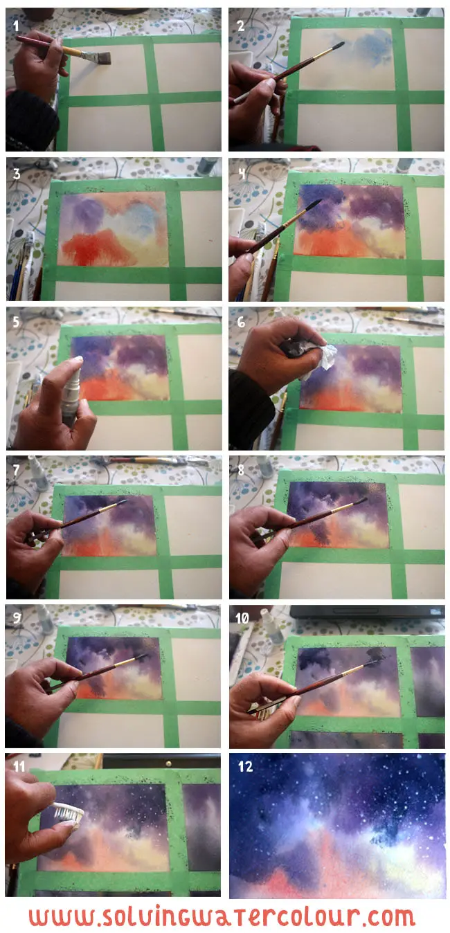Painting a watercolour galaxy or starscape step by step