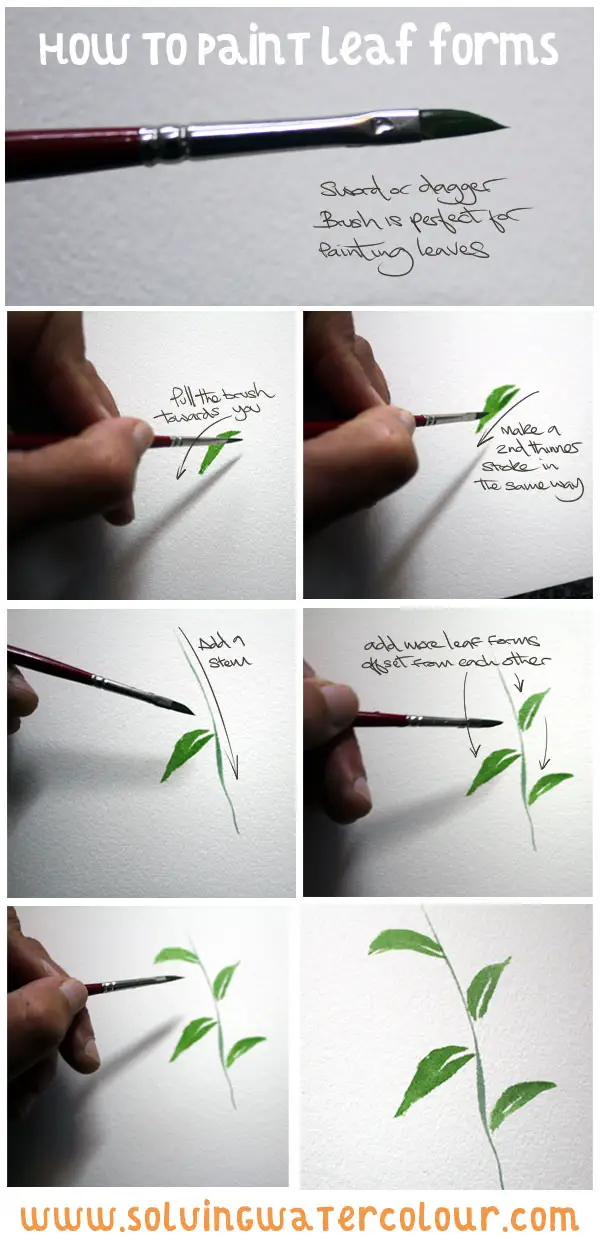 Tutorial on how to paint simple leaves in watercolor using a dagger brush.