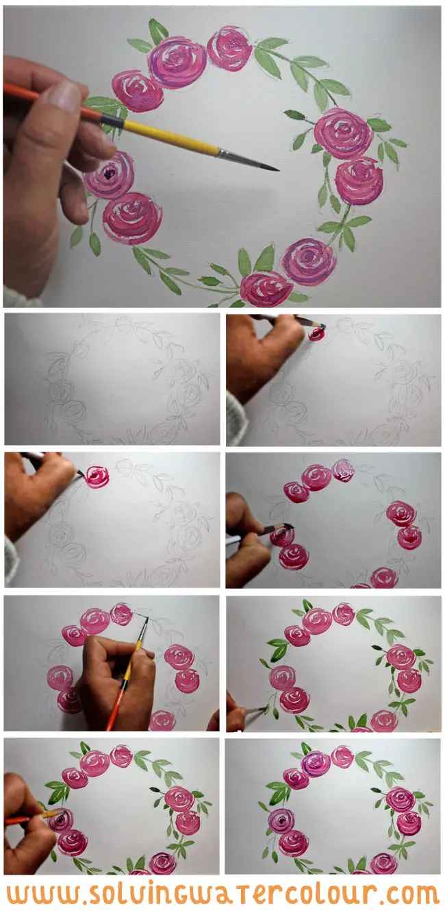 Painting a wreath of watercolor roses step by step