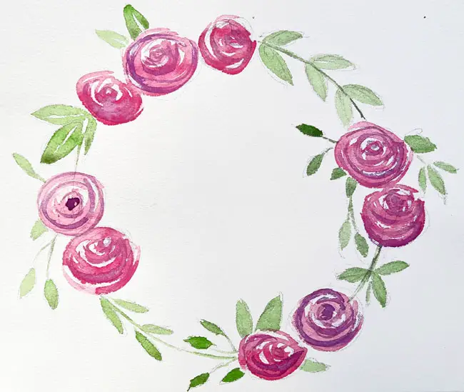 Simple painting of a watercolor wreath of roses