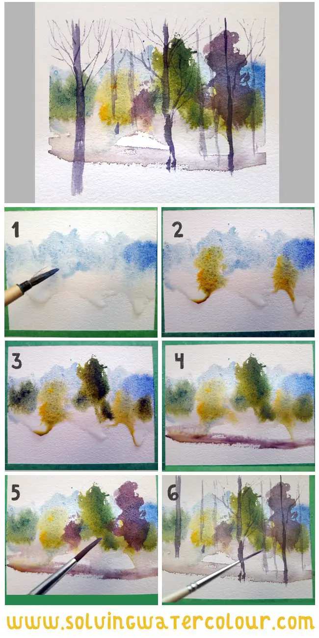 How to paint abstract watercolours. abstract watercolour painting of trees in summer step by step
