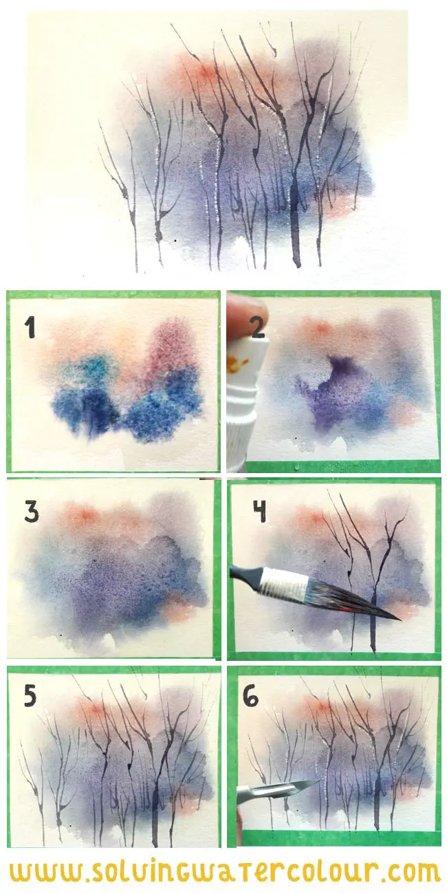 How to paint abstract watercolours. abstract watercolour painting of trees in winter step by step