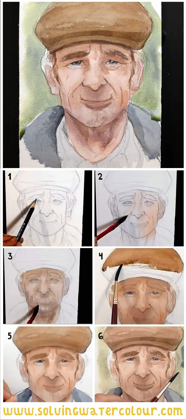 Stages of the painting of a portrait  an old man in watercolour.
