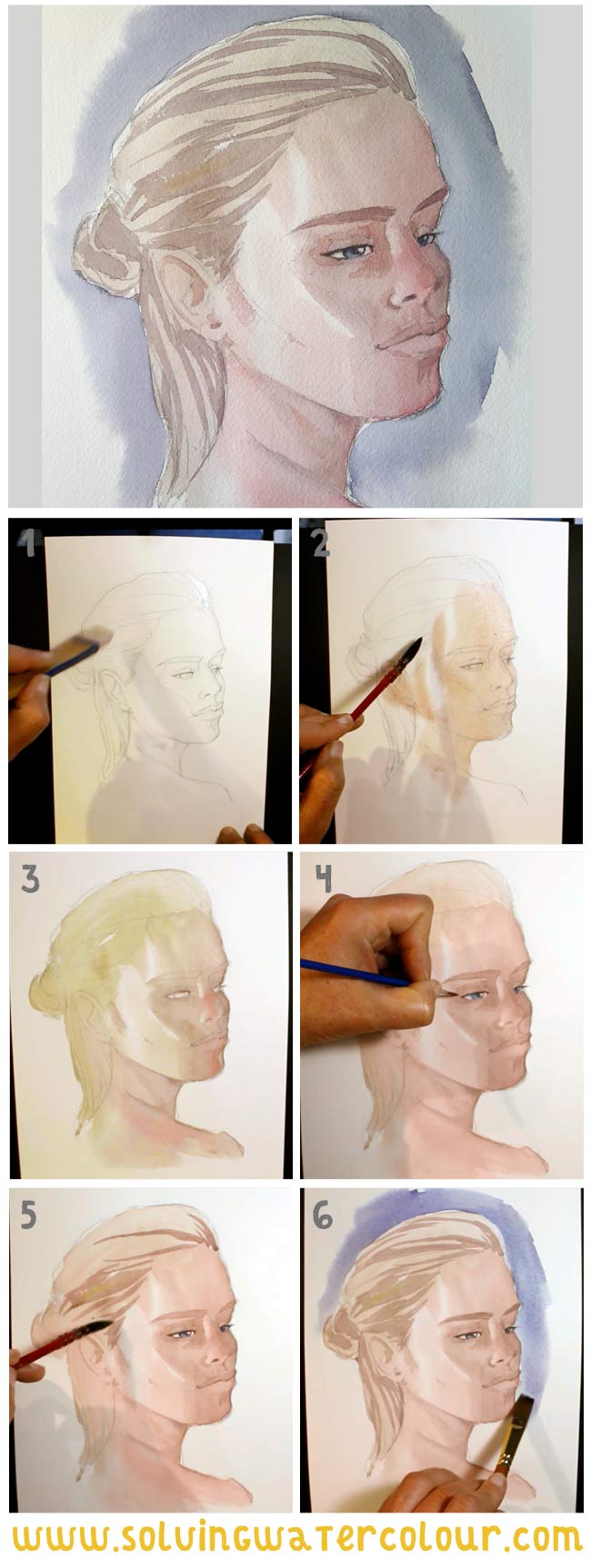 Step by step painting a portrait of a young woman in watercolor.