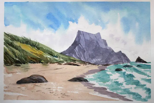 watercolor seascape with rocky headland finished watercolour painting