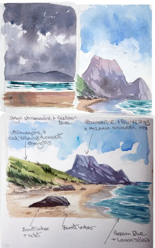 watercolour seascape sketches and roughs together with my notes on colour palette