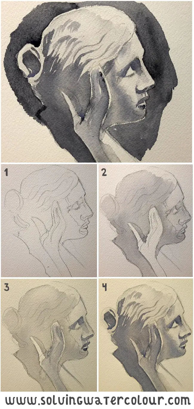The stages of painting a rough tonal watercolor portrait sketch. 