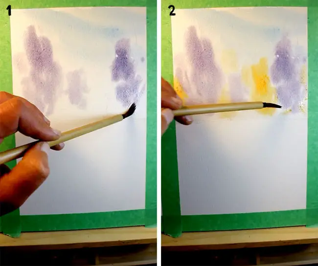 step 1 & 2 painting background trees with a bamboo brush