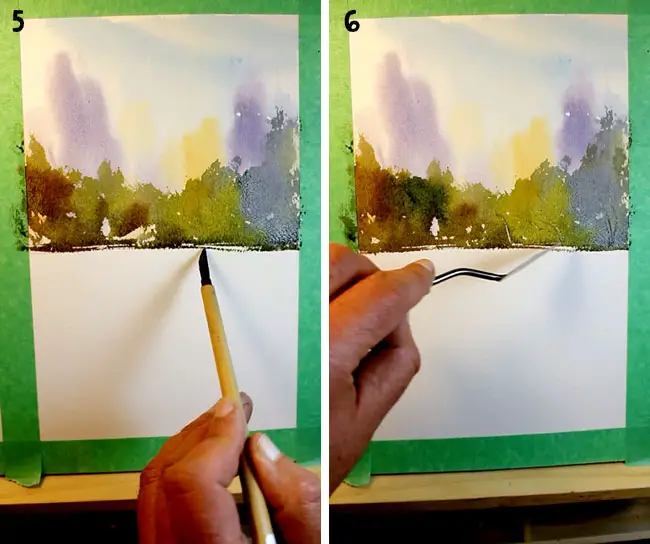 step 5 & 6 scraping out tree branches with a painting knife