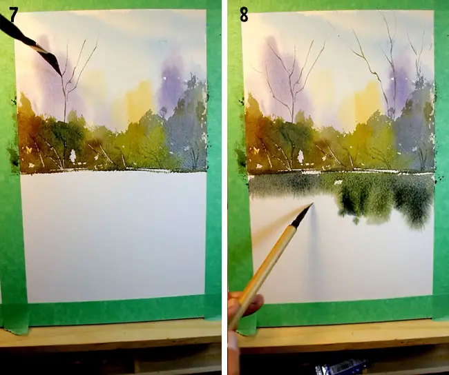 step 7 & 8 painting trees and wet into wet reflections