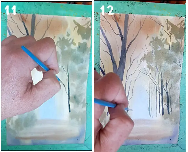 autumn watercolour landscape tutorial  Steps 11 & 12 finishing the trees