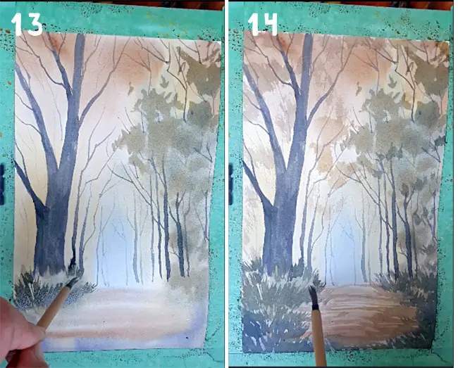 autumn watercolour landscape tutorial Steps 13 & 14 painting the foreground details