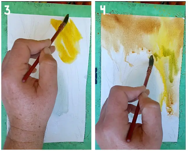 autumn watercolour landscape tutorial  steps 3 & 4 adding the first washes
