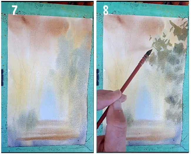 autumn watercolour landscape tutorial Steps 7 & 8 painting the midground foliage