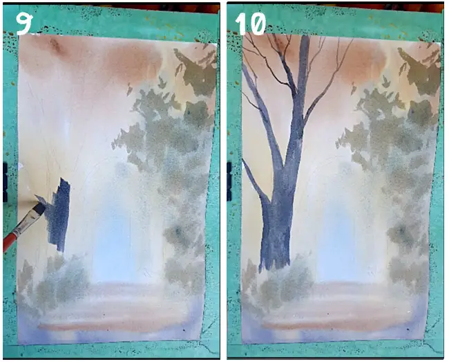 autumn watercolour landscape tutorial  Steps 9 & 12 painting the foreground trees