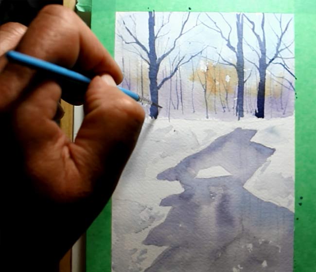 winter landscape painting tutorial step 4 painting trees