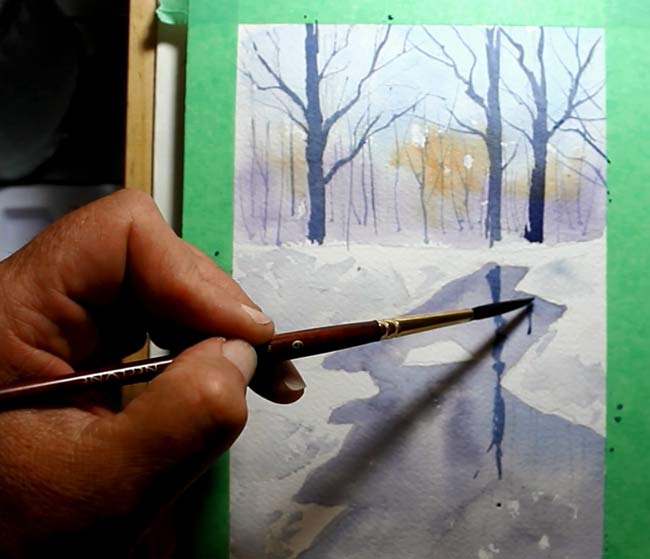 winter landscape painting tutorial step 5 painting reflections