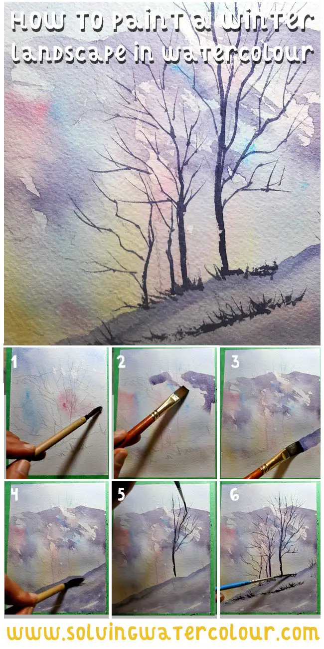 watercolor winter landscape painting art lesson. Step by step