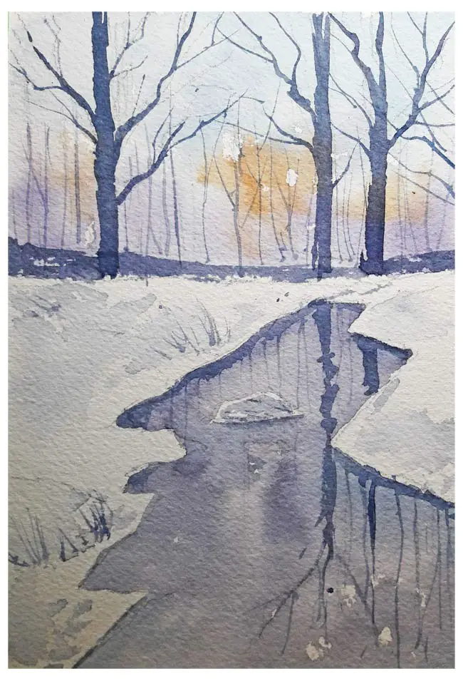 snowy forest with river watercolor winter painting
