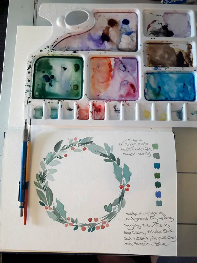 Palette and colour notes for awatercolor Christmas wreath