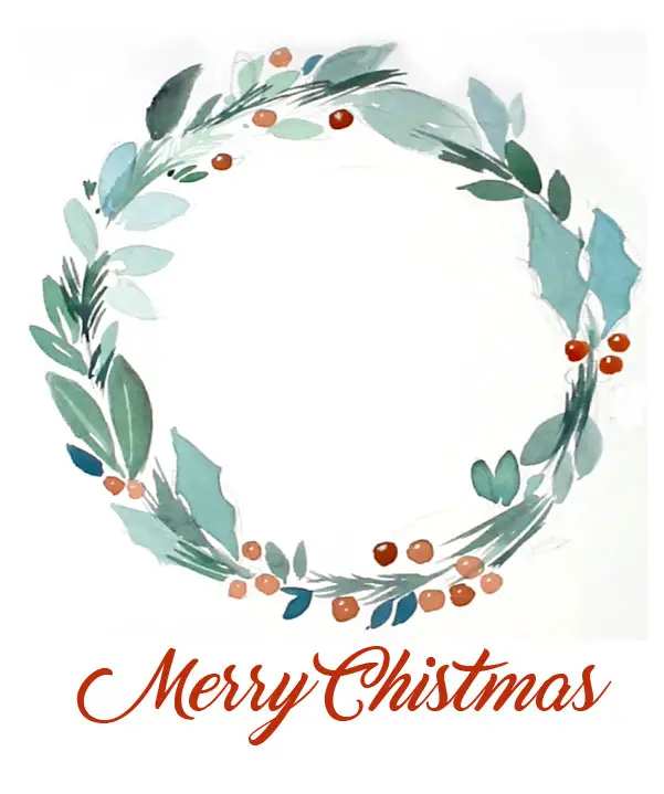 Watercolor Christmas wreath final Christmas card design with text added underneath