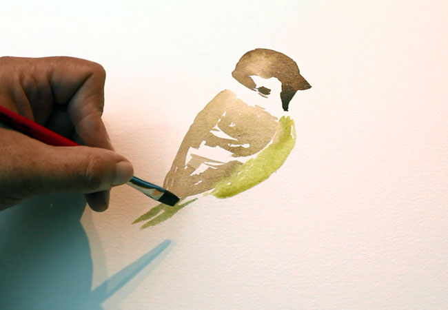 Painting A watercolour bird step 3. Using a Flat brush to create silhouette shapes