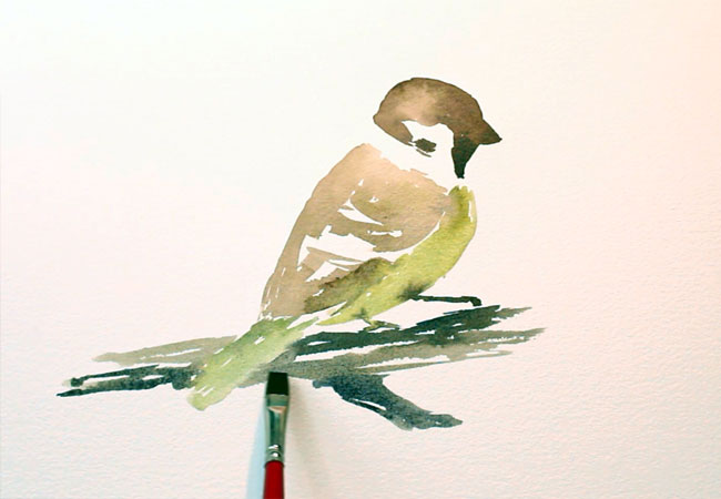 Painting A watercolour bird step 4. Using a Flat brush to paint the tree branch