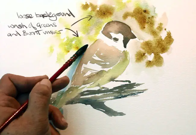 Painting A watercolour bird step 6. Painting a loose background wet in to wet