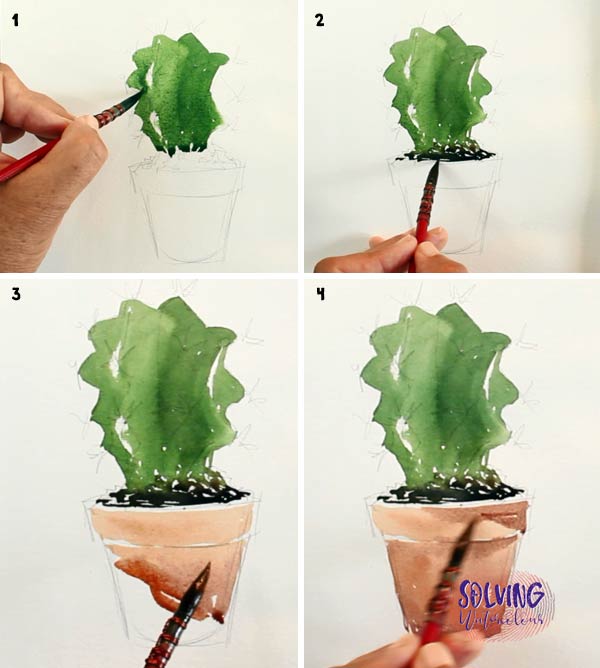 watercolor cactus tutorial steps 1- 4