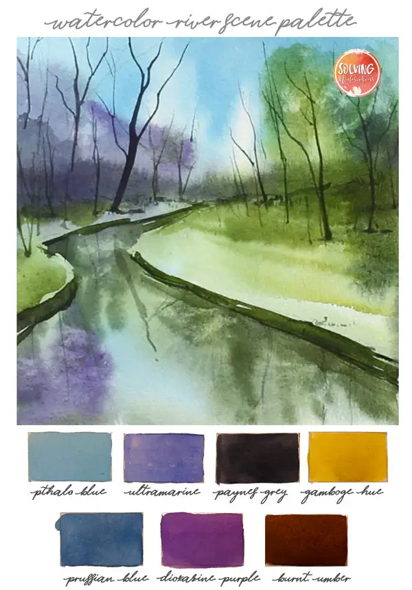 easy watercolor river: Final painting and palette choice