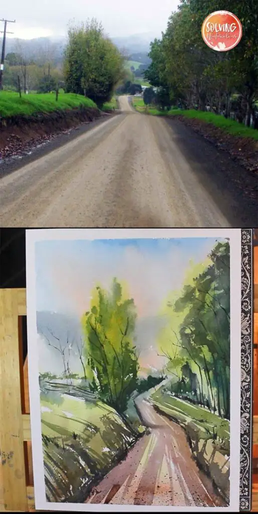 loose watercolor landscape final painting and ref photo