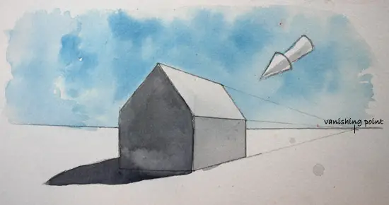How to paint simple buildings in watercolor showing vanishing point in one point perspective